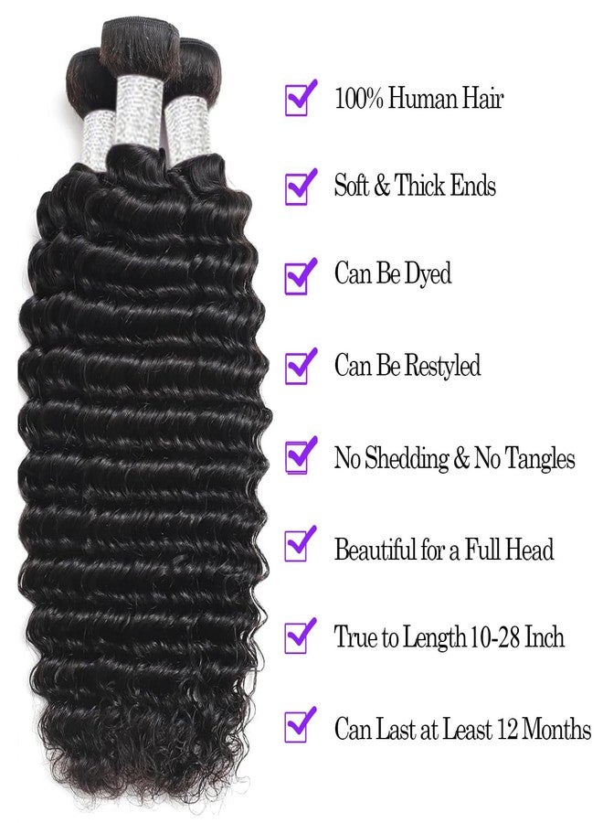 VIOLET 12A Human Hair Bundles 16 18 20 Inch Deep Wave Bundles Human Hair 100% Unprocessed Brazilian Virgin Hair Deep Wave 3 Bundles Human Hair Extensions for Women Natural Black - Image 2